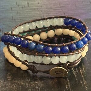 Chan Luu Blue Mix Brown Leather Wrap Bracelet Multicolor Beaded 925